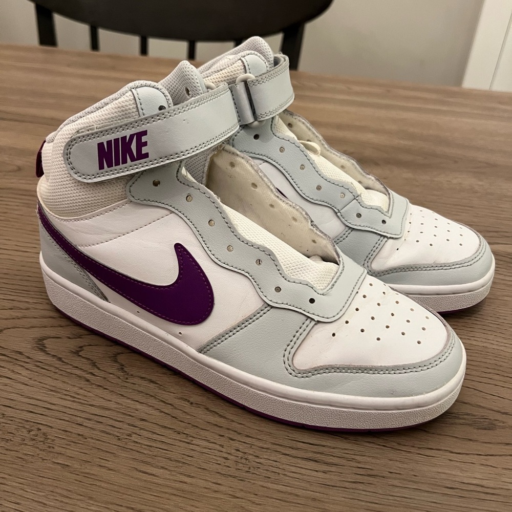 Nike: Kids Court Borough Mid 2 GS Pure Platinum Vivid Purple Sneakers: Size 7Y
